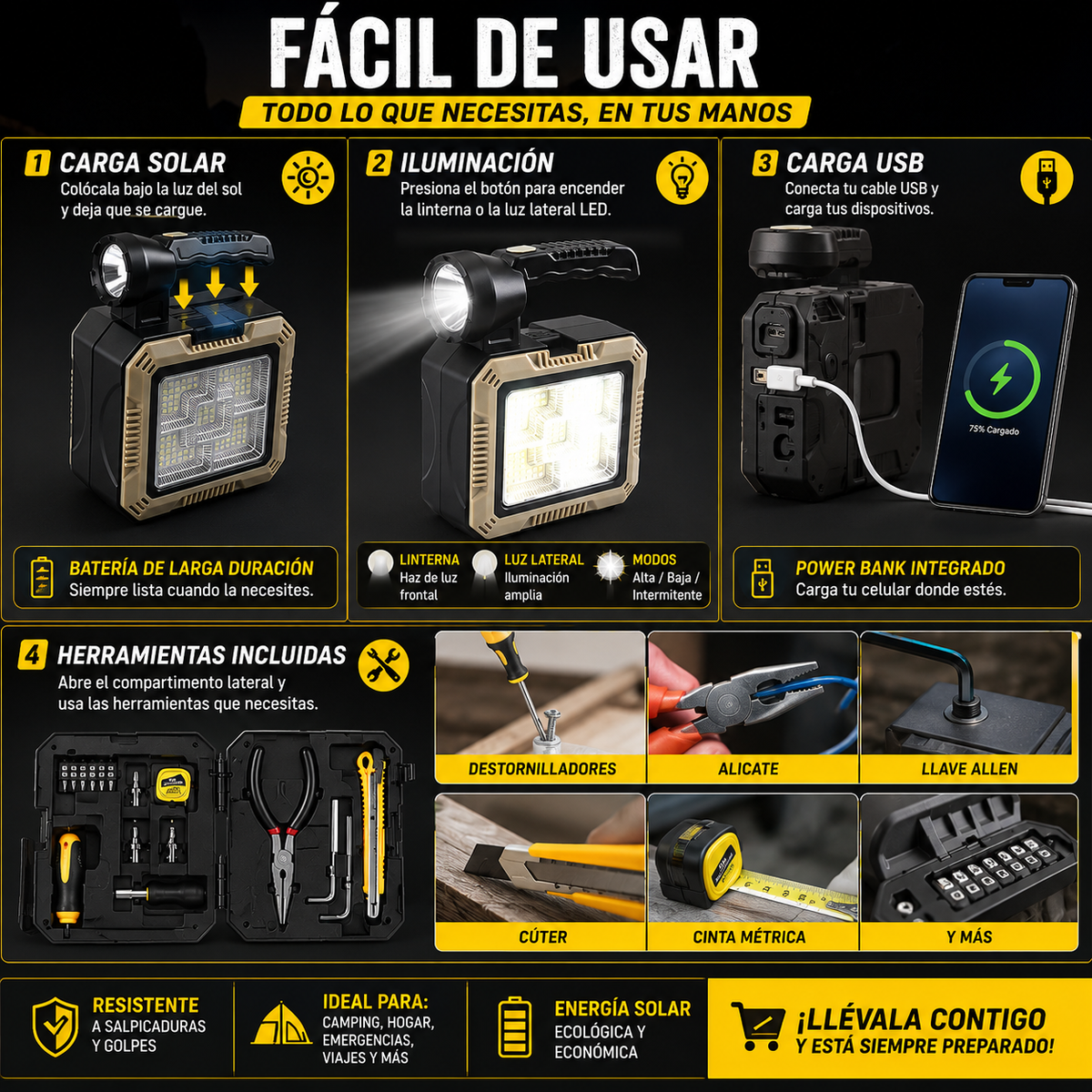 Linterna Carga Solar Kit Herramientas