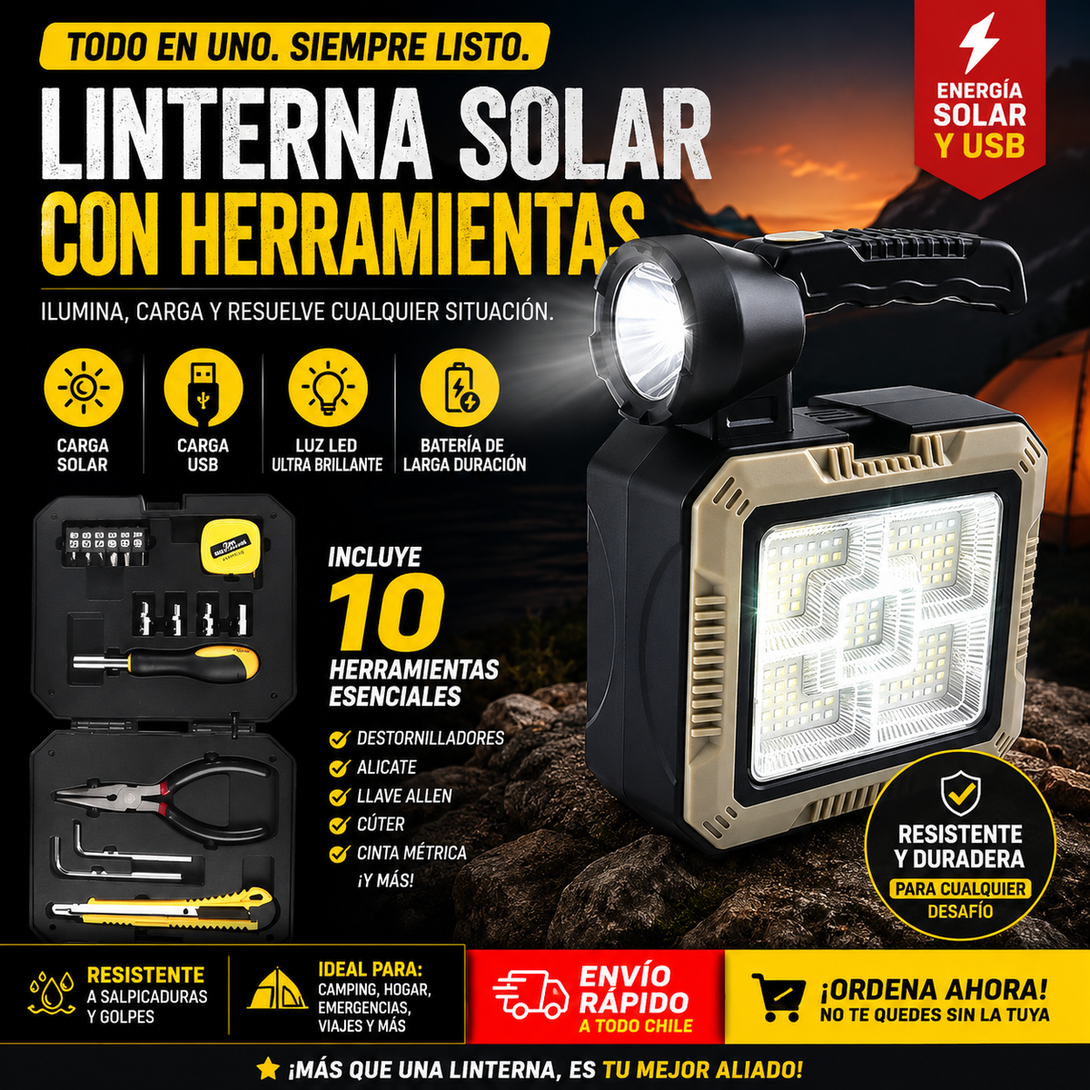 Linterna Carga Solar Kit Herramientas